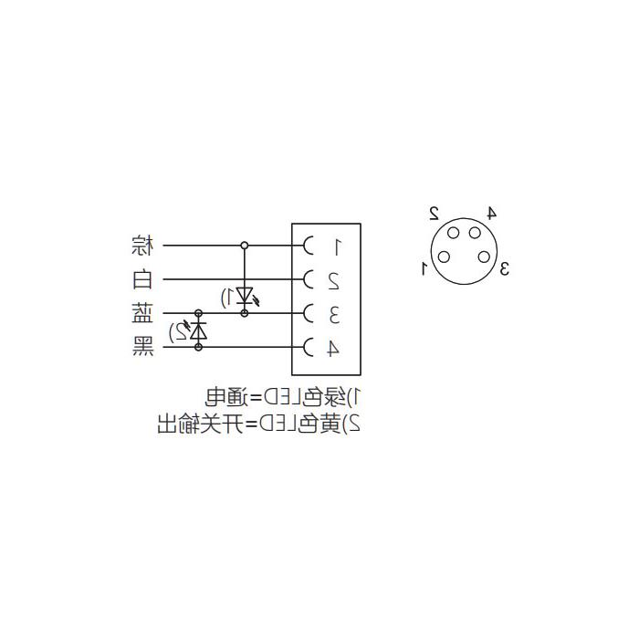 M8 4Pin，母头90°、带LED灯、单端预铸PUR柔性电缆、黑色护套、63S161-XXX