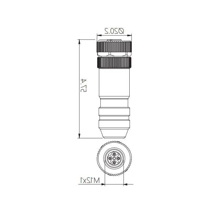 M12 4Pin、D-coded、母头直型、螺钉连接、金属屏蔽、0CF121