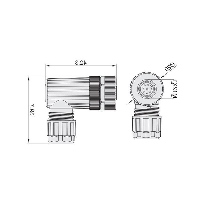 M12 8Pin、母头90°、食品級、螺钉连接、64F409